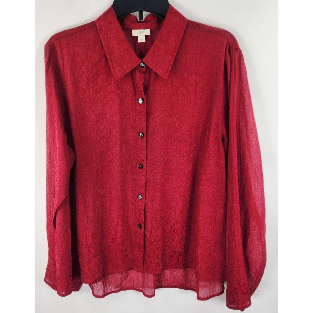 J Jill Semi Sheer Button Up Top Women's L Crimson Ornate Buttons Lightweight